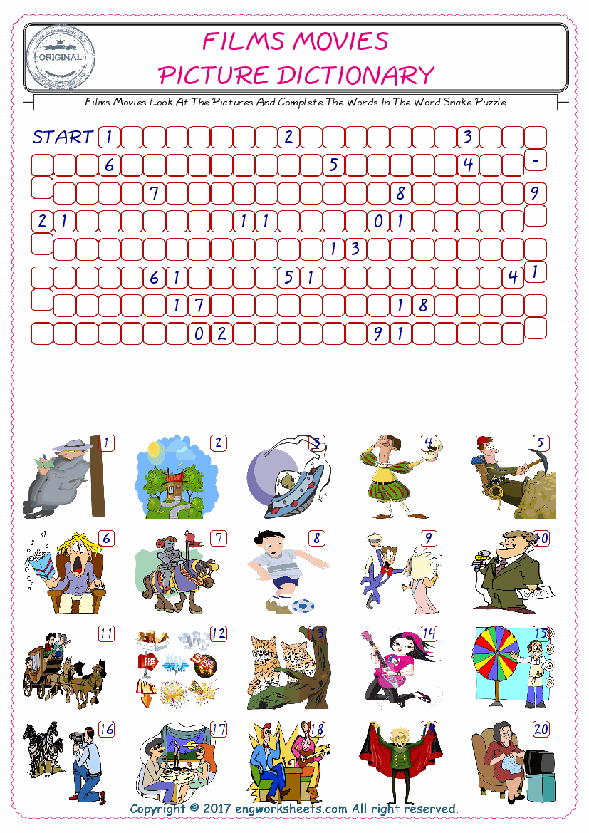  Check the Illustrations of Films Movies english worksheets for kids, and Supply the Missing Words in the Word Snake Puzzle ESL play. 